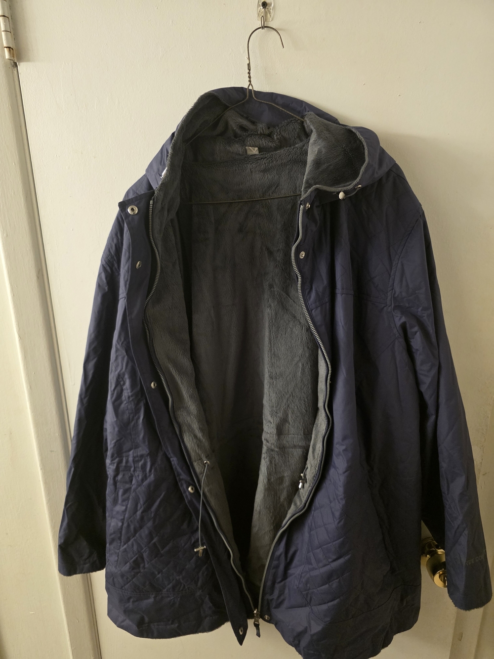 Women's Navy Quilted Hooded Raincoat with Fleece Lining